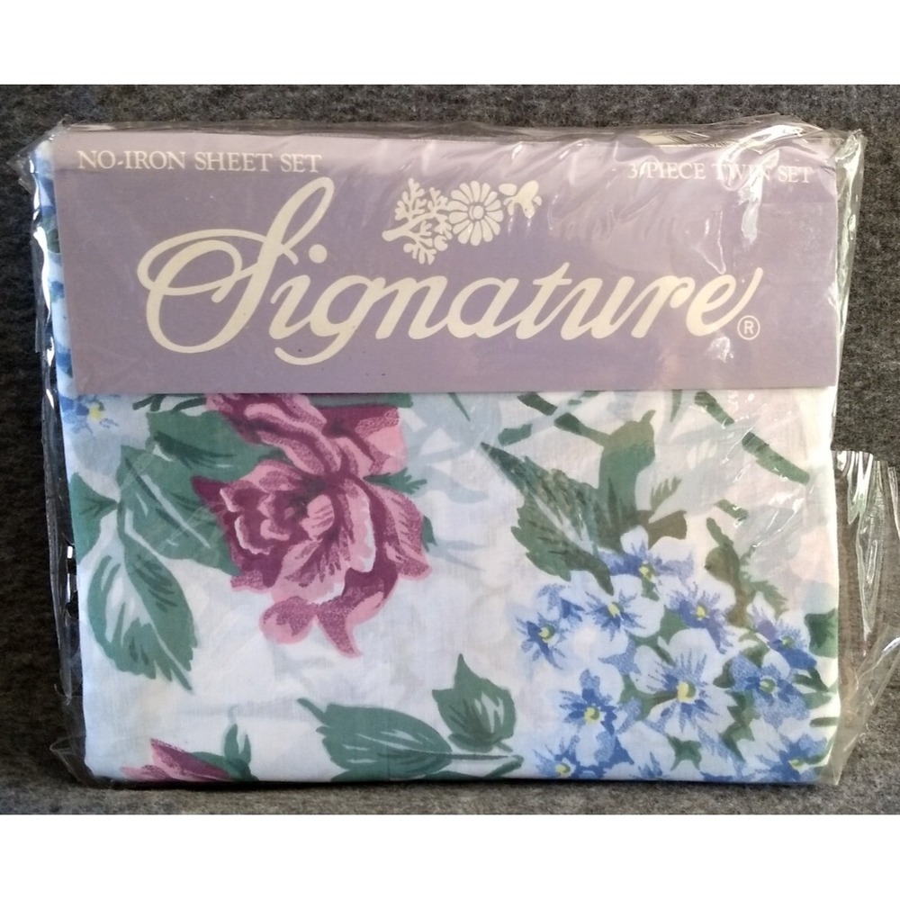 Signature Twin Sheet Set 3Pc Hydrangea Floral Blue Purple Green No Iron NEW NOS‎